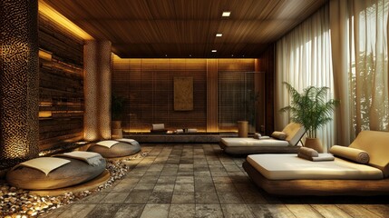 A serene indoor spa setting with wooden elements, soft lighting, and a calming ambiance.