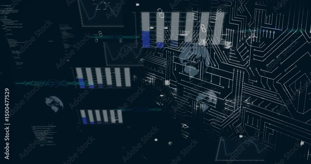 Poster drifting data initiating charts, globe icons and circuits merging into padlock for digital security