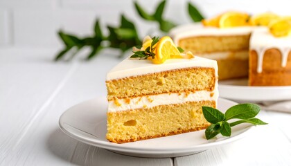 Orange cake slice with white background.