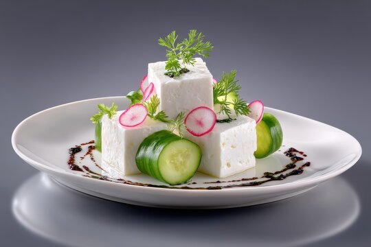 Fototapeta Healthy and refreshing cottage cheese salad featuring cucumber radish and fresh herbs on a minimalist grey background