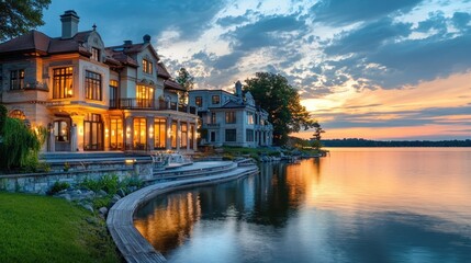 A serene lakeside mansion with a wooden deck and a stunning sunset in the background.