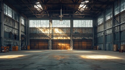 A large, empty warehouse with large, open doors and exposed beams, with sunlight streaming through the windows.