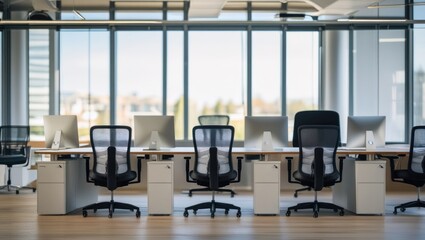 A modern office background features sleek desks, ergonomic chairs, and a large window letting in natural light, with no people visible in the scene.
