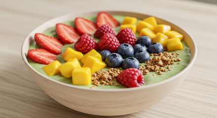 Colorful Green Smoothie Bowl with Fresh Fruits and Superfoods. Colorful and healthy smoothie bowl with fresh fruits, berries, granola and seeds