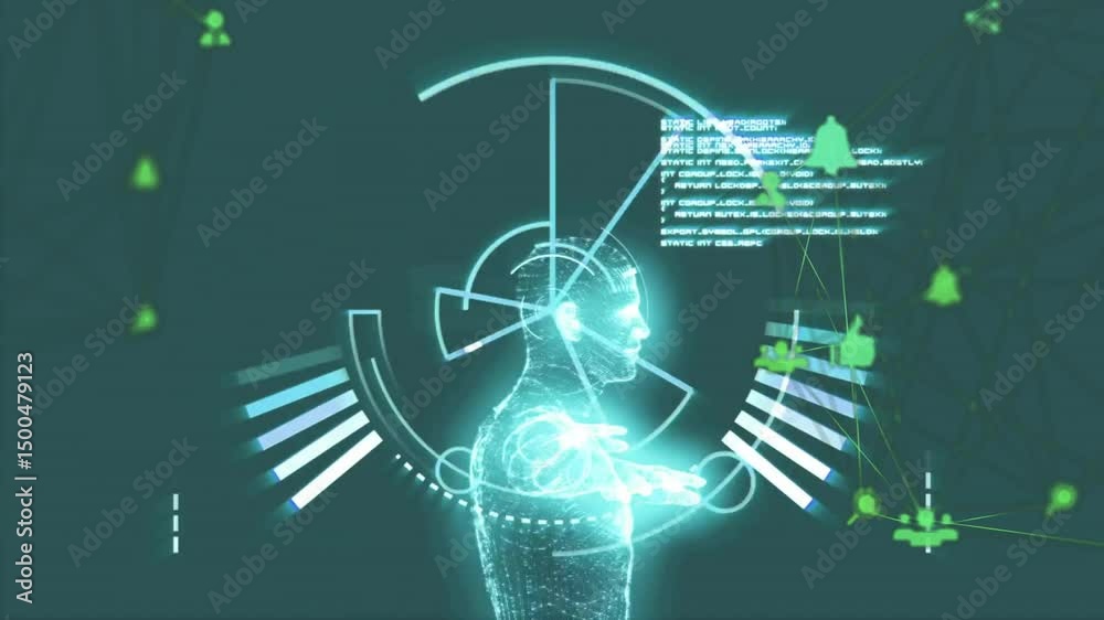 Poster Materializing cyan wireframe figure pivoting head rotating HUD and linking icons visualizing data