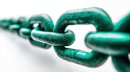 A green chain with a green metal link in the foreground and a white background.