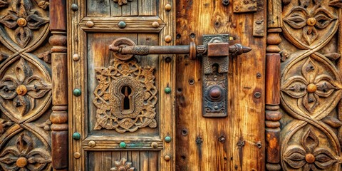 Old wooden door with intricate carvings and a rusty old lock in a rustic outdoor setting , weathered, outdoor