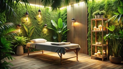 Fototapeta premium Soothing ambiance with lush greenery and soft lighting in a peaceful massage room setting, gentle illumination, wellness retreat