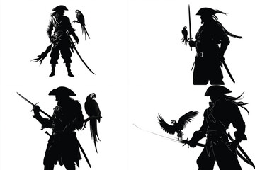 Statue of a knight with a sword in his hand and a sword in the back silhouettes