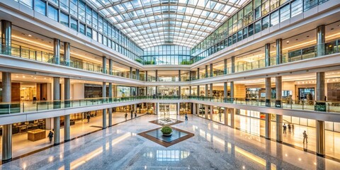 Grand atrium with high ceiling and large windows, atrium