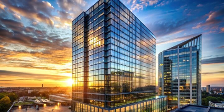 Contemporary skyscraper at sunset with sleek glass and steel facade