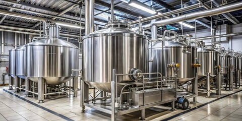 A stainless steel tank filled with fermented beer ingredients, surrounded by pipes and valves, emitting a gentle hum as it operates in a modern brewery setting , industrial machinery, 