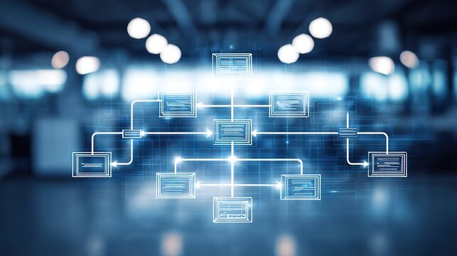 Abstract blue geometric flowchart symbolizing modern corporate efficiency and structured innovation