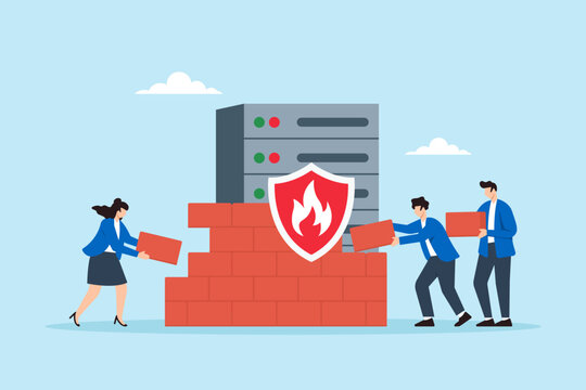 Flat illustration of people building firewall brick wall to secure server and prevent hacking and data breaches