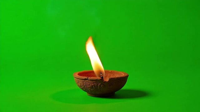 A glowing earthenware diya lamp burns brightly against a vibrant green backdrop, offering a serene and spiritual ambiance perfect for celebrations or meditation scenes.