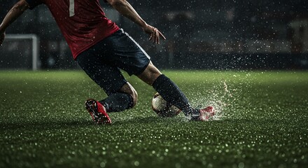 Naklejka premium RainSoaked Soccer Player Dribbling in Dramatic Low Light