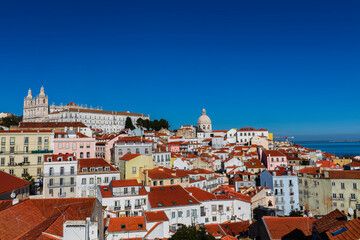 The Portas do Sol Viewpoint , Ancient monastery of Sao Vicente de Fora iin the background ,  Lisbon, Portugal