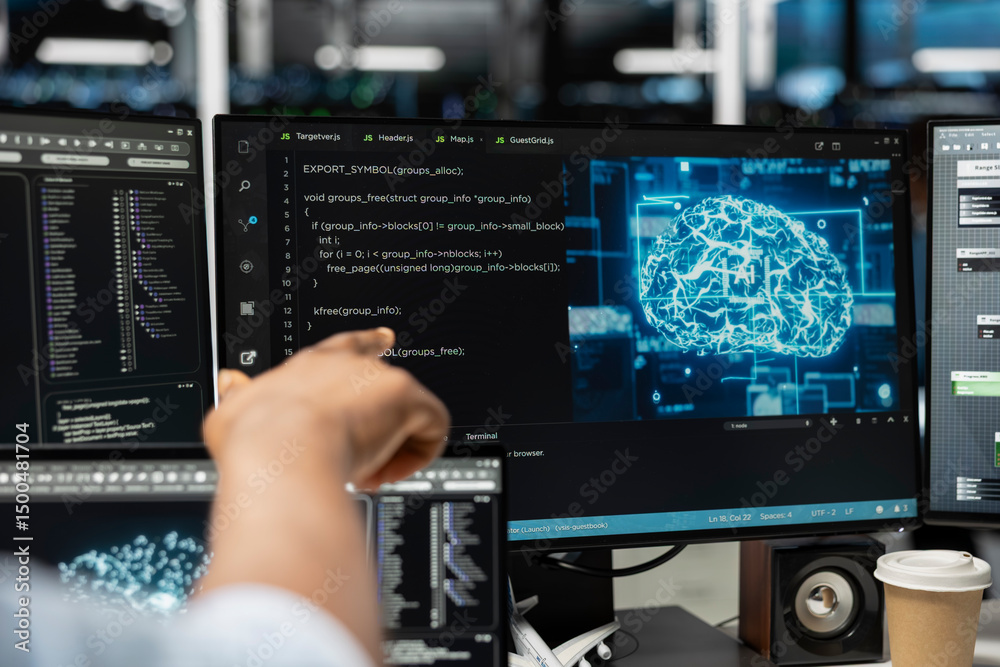 Poster close up of server hub specialist using artificial intelligence to reduce downtime. computer scienti