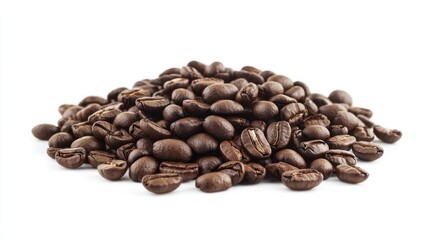 Fototapeta premium A pile of roasted coffee beans on a white background.