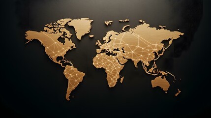 Fototapeta na wymiar A gold-colored world map is displayed against a dark background, illuminated with a network of interconnected lines representing global connections.