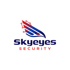 A modern abstract logo design featuring an eagle, with the words "Skyeyes Security". The logo uses a gradient color scheme of blue and red. This artwork is suitable for security companies, technology 