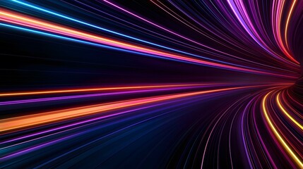The image shows vibrant, glowing lines of light in shades of blue, orange, pink, and purple, converging towards a vanishing point in a dark tunnel-like space, creating a dynamic and energetic visual