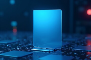 computer chip on blue background,Minimalist vertical mockup with bold neon circuits, central logo placeholder, and seamless tech background—ideal for clean branding, startup promos, or AI presentation
