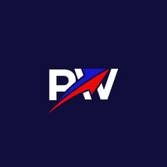 A modern stylized PW lettermark logo with an arrow design, featuring vibrant red and blue colors against a dark blue background. This contemporary design is ideal for branding, business, or corporate 