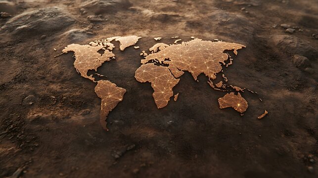 A three-dimensional model of the world, rendered in bronze with glowing orange lines connecting various points, rests on a dark brown, textured surface evoking the earth.