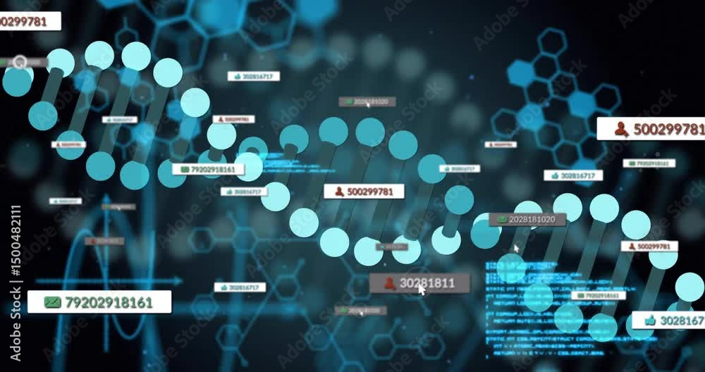 Poster cyan code appearing initiating helix forming at right edge, labels emerging visualizing data