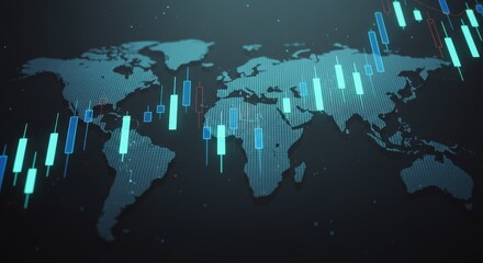 Digital Illustration of World Map with Financial Chart Data in Blue Tones