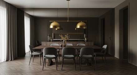 Modern Dining Room Interior: Sophisticated dining room design with a long wooden table, plush velvet chairs, and elegant gold pendant lighting.