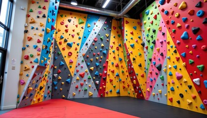 an indoor climbing gym with brightly colored walls featuring a variety of climbing holds in different colors