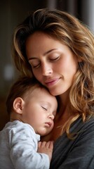 A moment of a mother lovingly holding her sleeping baby against her chest