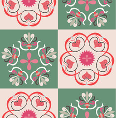 Pink, white, brown elements in the form of stylized leaves and flowers.