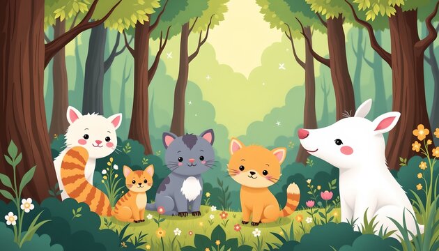 an animated forest scene with four anthropomorphic animals: a cat in the center flanked by two rabbits and a wolf standing at atte