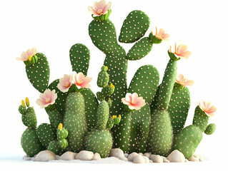 Cluster of flowering prickly pear cactus pads, isolated on white.