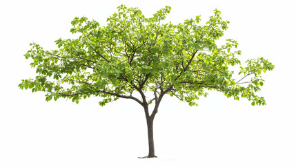 Tree with light green spring leaves isolated on white background.