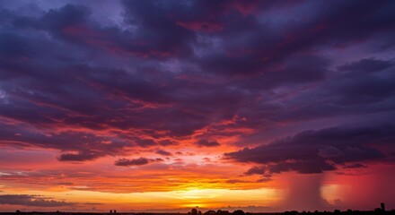 Dramatic Sunset Sky Over City With Orange Red And Purple Clouds Photo