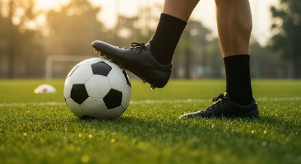 Fototapeta premium Soccer Players Cleated Foot on Ball Green Field Golden Hour Light