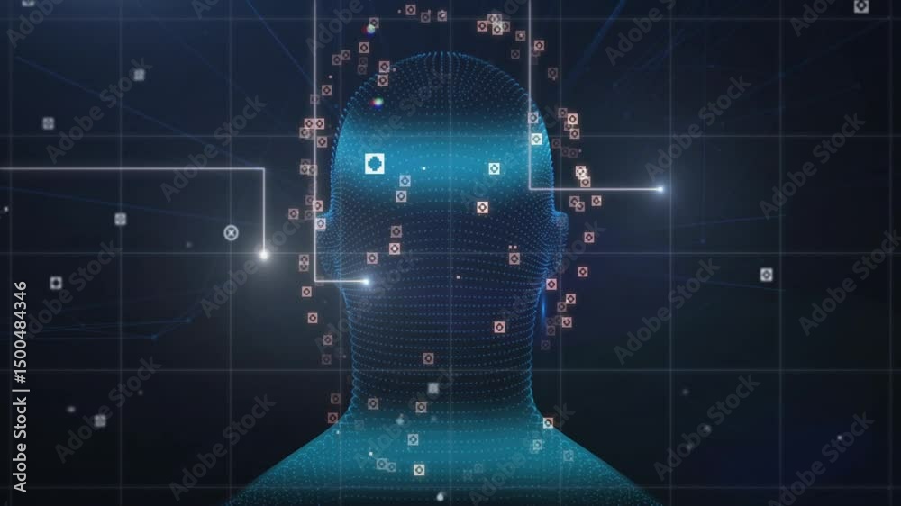 Poster on start, blue wireframe head rotating clockwise as nodes forming, lines tracing mesh mapping data