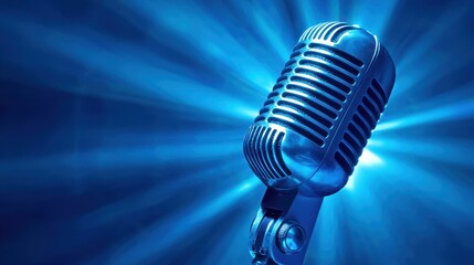 A vintage microphone with a blue background emitting a blue light.