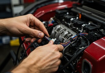 Mechanic repairing engine electrical wiring at auto repair shop for car maintenance