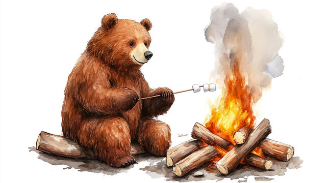 Adorable brown bear roasting marshmallows over a campfire with logs, watercolour style illustration