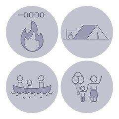 Collection of simple line icons representing outdoor activities like camping, rowing, roasting marshmallows, and celebrating with balloons, perfect for family adventures in nature