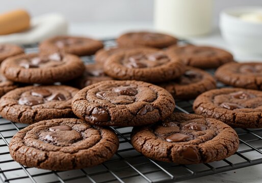 Chocolate chip cookies are cooling on the rack after baking, for cookbook use