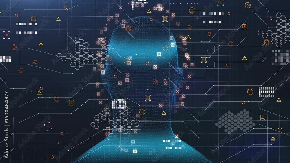 Poster glowing data nodes appearing sparking wireframe head model rotating and mapping info running scan