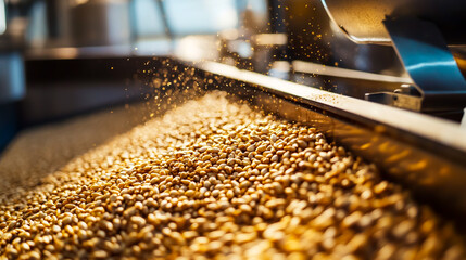 Close-up of malt seeds being ground at a mill, showcasing the grain processing process for beer production