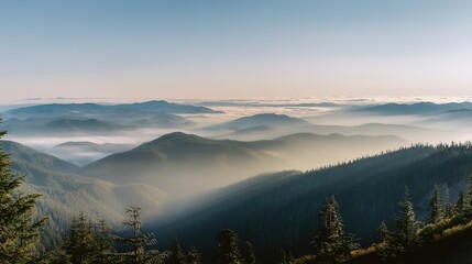 Majestic mountain peaks at sunrise, golden light through misty valleys -- A serene wilderness awakening