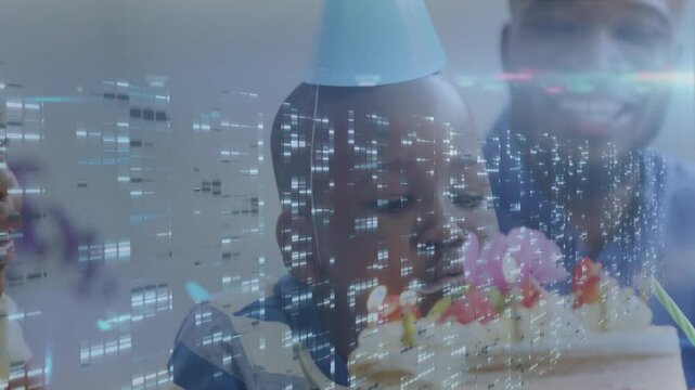 Father placing birthday cake starting boy blowing candles with sister joining under digital overlay